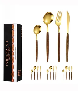 Detail of 16-piece gold stainless steel cutlery set with wood-texture handles in gift box