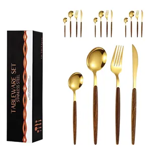 Portuguese Style Stainless Steel Cutlery Set With Faux Wood Grain Handle Mirror Polished Flatware Set For Home Dining Wedding Gift