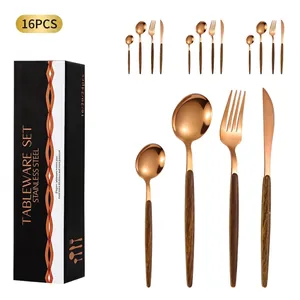 16-piece rose gold stainless steel cutlery set with wood handles in black gift box