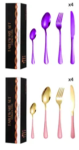 Dettaglio del set di posate in oro rosa e viola in una scatola regalo nera elegante