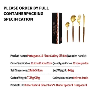 16-piece stainless steel cutlery set with wood-grain handles in a black gift box packaging