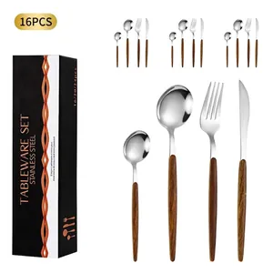 16-piece stainless steel cutlery set with wood-texture handles in premium gift box