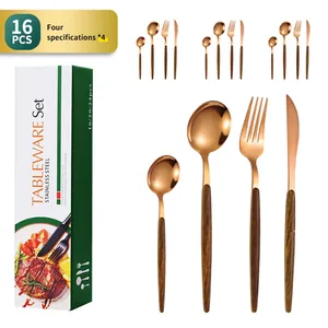 Service de couverts 16 pièces en acier inox or rose avec manche en bois et coffret