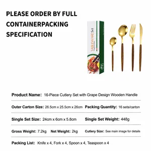 16-piece gold stainless steel cutlery set with dark wood handles in a green gift box