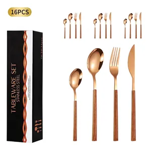 16-piece rose gold stainless steel cutlery set with wood grain handles in a black box
