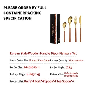 16-piece Korean style gold stainless steel cutlery set with elegant wooden handles