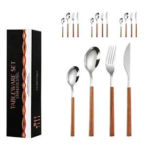 16-piece stainless steel cutlery set with wood-texture handles in a premium black gift box