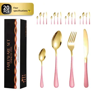 20-piece pink and gold stainless steel cutlery set with premium black gift box packaging