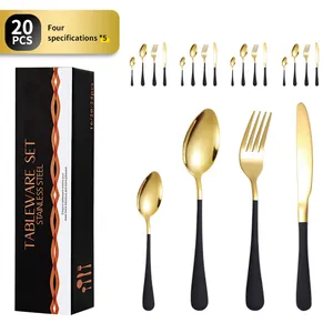 Modern 20-piece stainless steel cutlery set with gold heads and matte black handles