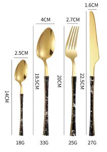 Detailed dimensions of 4-piece stainless steel cutlery set with marble textured handles