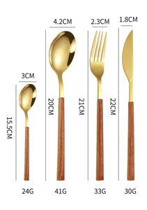 Detailed size chart for golden stainless steel cutlery with realistic wood grain handles