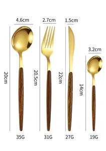 Detailed specs for gold stainless steel cutlery set with wood-textured handles