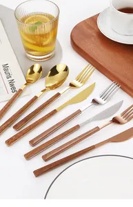 Close-up of modern stainless steel cutlery with realistic wood grain handle design