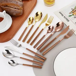 Japanese Style Stainless Steel Cutlery Set With Wood Grain Handle Mirror Polished Dinner Knife Fork Spoon For Home Restaurant