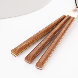 Japanese style stainless steel cutlery set with wood grain square handles in three colors