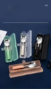 Detail of 304 stainless steel cutlery set with portable translucent storage cases