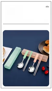 Detail of portable 304 stainless steel spoon and chopsticks set in mint and pink cases