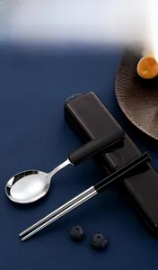 Macro view of 304 stainless steel chopsticks and spoon with anti-slip texture
