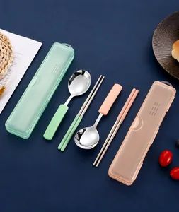 Close-up of 304 stainless steel spoons and chopsticks in portable storage cases