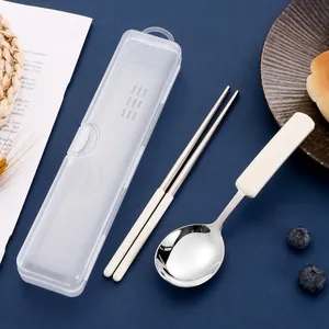 Portable 304 stainless steel chopsticks and spoon set with cream white handle and storage box