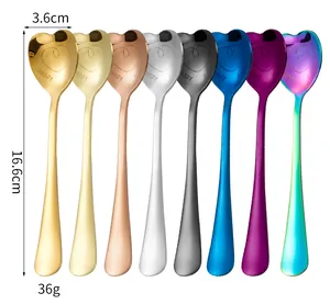 Detail of 8 heart-shaped stainless steel dessert spoons showing sizes and vibrant colors