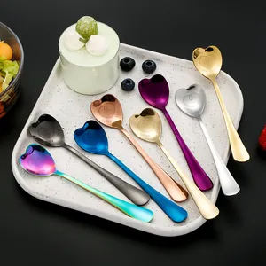 Colorful heart shaped stainless steel dessert spoons with Happy Family engraving