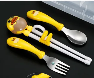 Detailed close-up of cartoon duck training chopsticks, spoon and fork set in storage case