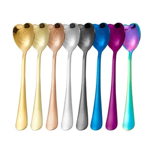 Set of 8 colorful heart-shaped stainless steel spoons with Happy Family engraving