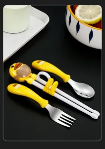 Detailed view of yellow duck 304 stainless steel toddler training cutlery set with rings