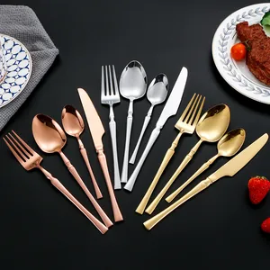 Polished stainless steel cutlery set with fork spoon and knife in three metallic colors