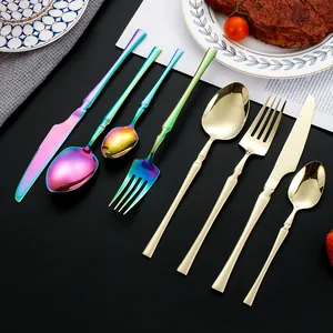 Polished stainless steel cutlery set with colorful gradient and gold finish 4-piece kit