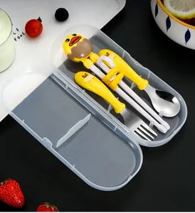 Macro detail of 304 stainless steel kids cutlery set with cartoon duck handles and case