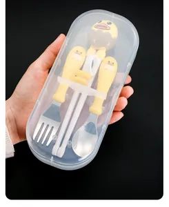 Close-up of 304 stainless steel toddler cutlery set with ergonomic yellow handles