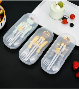 Detail of 304 stainless steel kids cutlery set with cartoon duck handles and travel cases