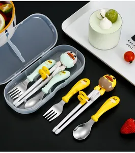 Detailed set of 304 stainless steel cartoon cutlery with training chopsticks in a case