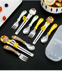Detail of cartoon duck handle cutlery set with stainless steel spoon fork and chopsticks