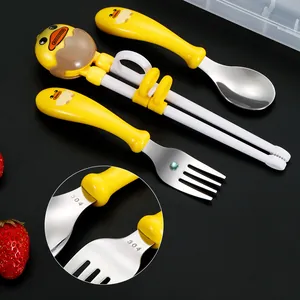 304 Stainless Steel Kids Training Chopsticks Spoon Fork Box Cartoon Duck Portable Toddler Feeding Cutlery For Baby Kids