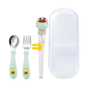 Kids stainless steel utensils set with cartoon duck handles, training chopsticks and case