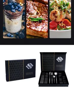 Detailed view of polished stainless steel cutlery set with premium black and gold gift box