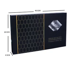 Polished cutlery set gift box dimensions shown as 40.5cm x 26.5cm x 6.5cm in black gold