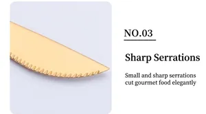 Detail of sharp serrated edges on a gold stainless steel steak knife for elegant dining