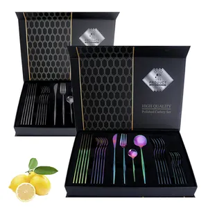 24-piece stainless steel cutlery set with black and rainbow finishes in a gift box