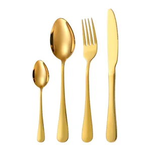 24-piece golden stainless steel cutlery set with mirror polish finish on white background