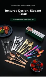 Macro shot of polished stainless steel cutlery set in gold and black finishes