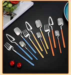 Close-up of matte 304 stainless steel cutlery set with colorful painted handles