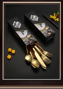 Détail d'un service de table 20 pièces en acier inoxydable doré dans un coffret noir