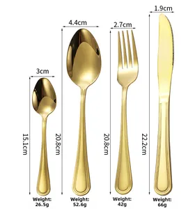 Detail showing dimensions and weights of gold 24-piece stainless steel cutlery set