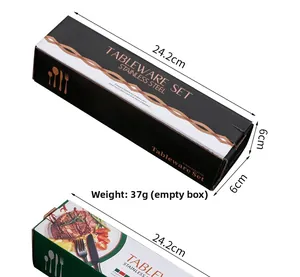 Detail of 24-piece golden stainless steel cutlery set packaging boxes with dimensions