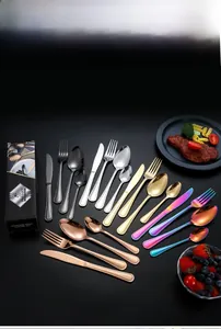 Polished 4-piece stainless steel cutlery set displayed in various colors with elegant gift box