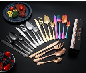Macro display of 24-piece stainless steel cutlery set in gold, silver, black and rose gold